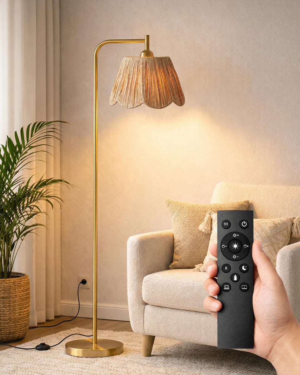 JOOFO boho floor lamp with remote for easy brightness control in living rooms.