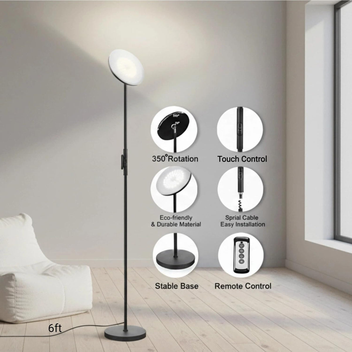 JOOFO floor lamp offers three color temperatures for warm to cool ambiance.