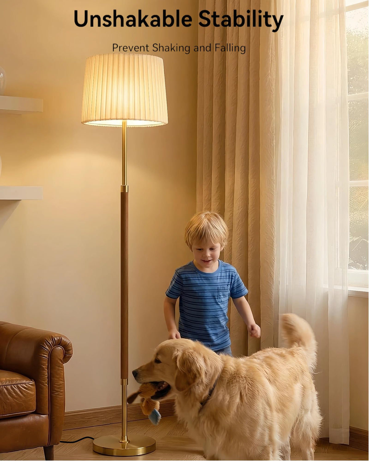 JOOFO wood floor lamp remote control makes dimming easy from seating.