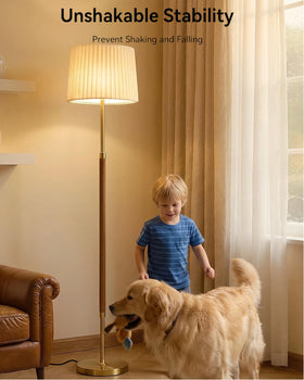 JOOFO wood floor lamp remote control makes dimming easy from seating.