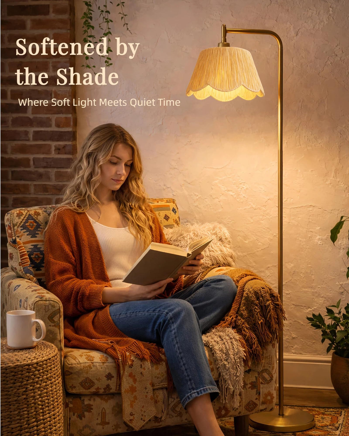 Slim, stable base fits beside couch or bed with JOOFO lamp.