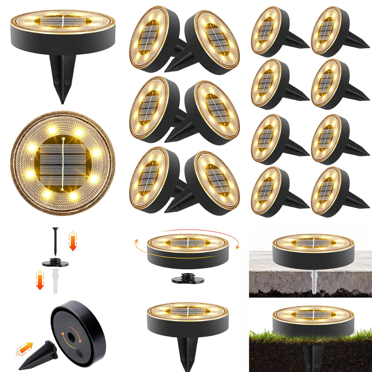 Joomer 16-pack solar ground lights illuminate pathways with warm white glow.