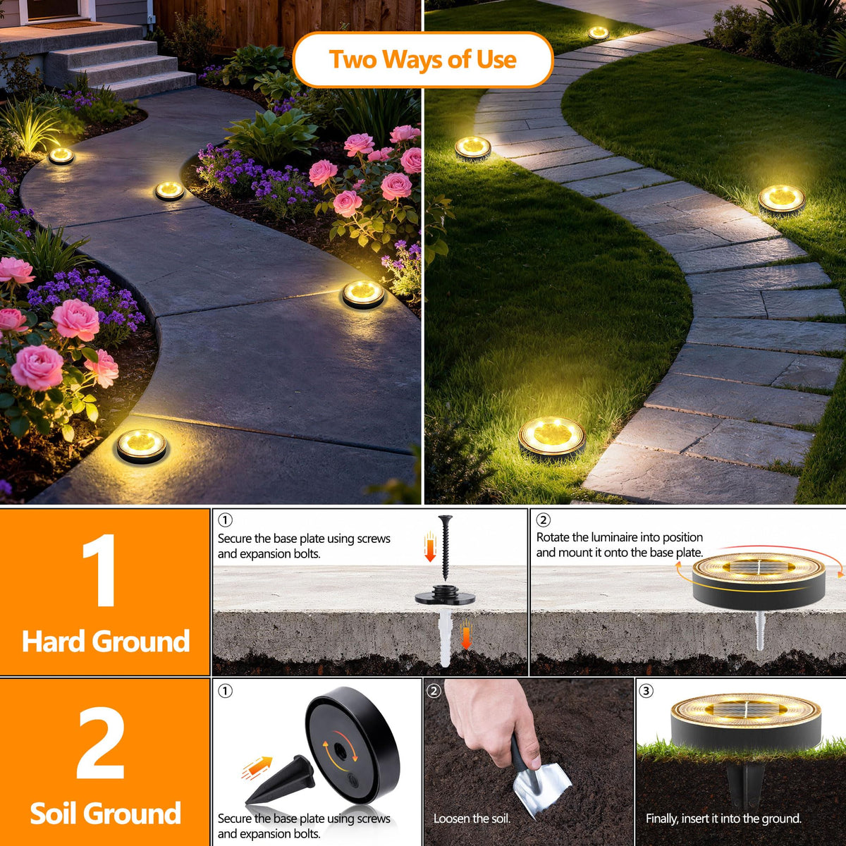 Joomer 2-in-1 solar lights install on soil or decks.