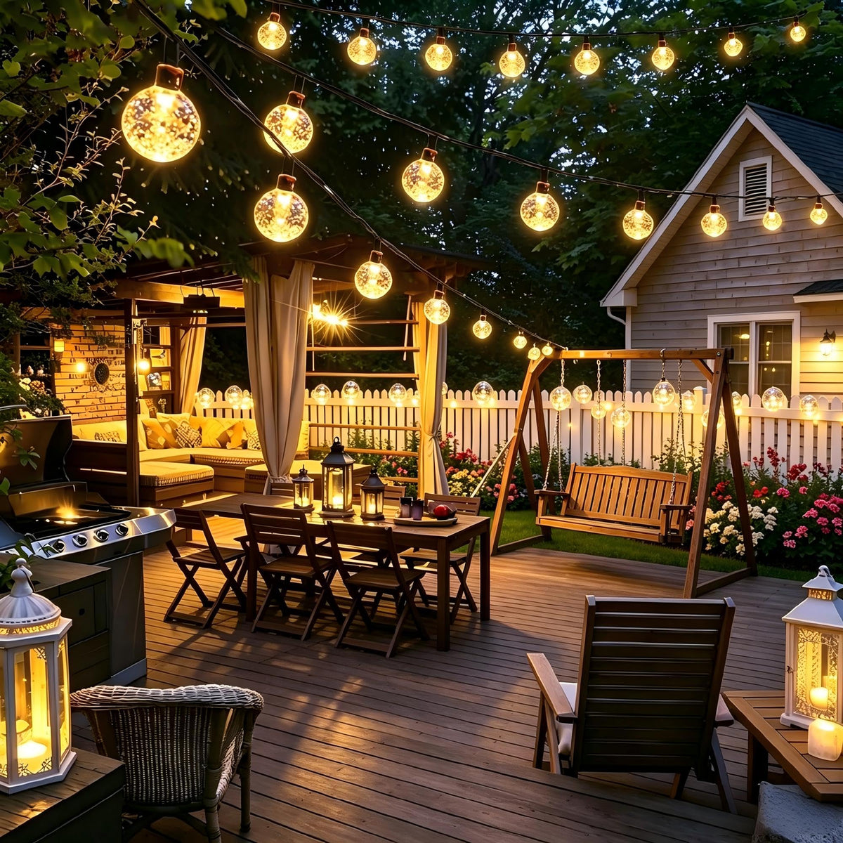 Joomer globe lights decorate wedding venue trees, creating charming outdoor ambiance