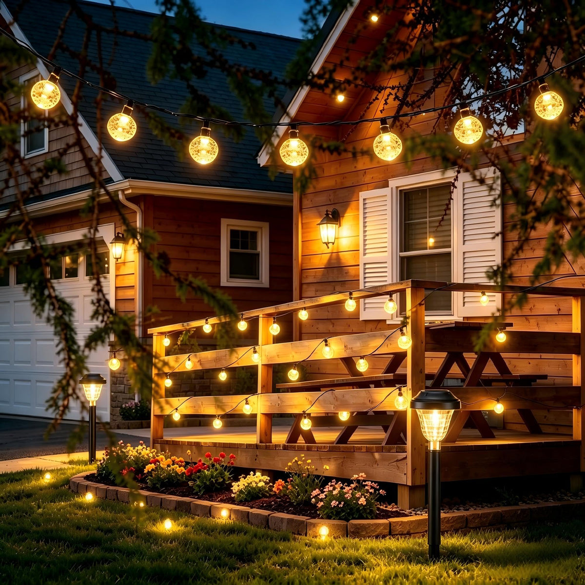 Joomer patio lights line a fence, delivering durable weatherproof lighting