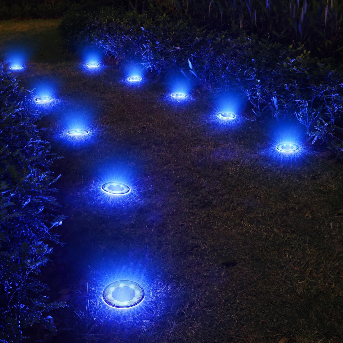 Joomer Solar Ground Light disc blue highlighting a driveway with subtle glow