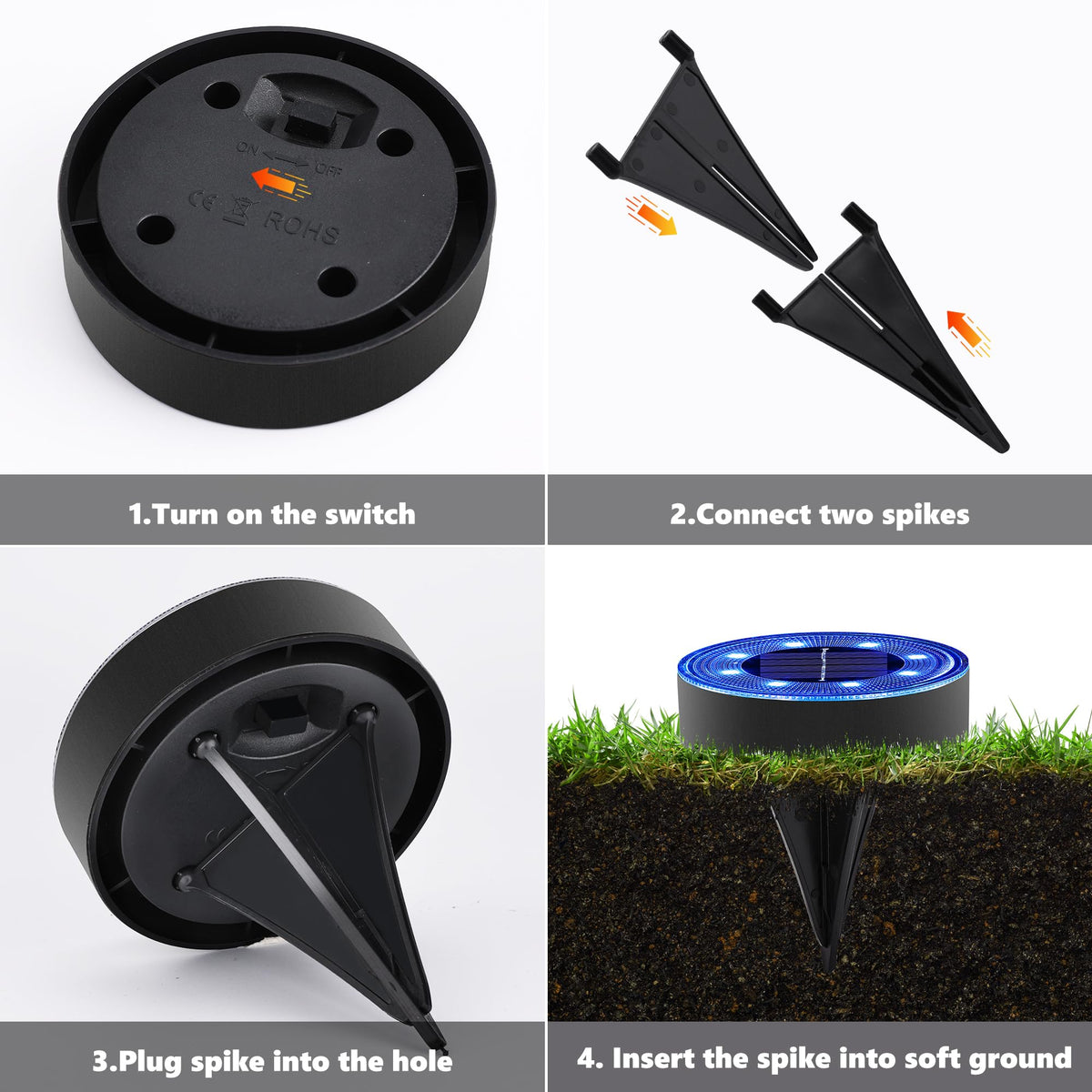 Joomer Solar Ground Light disc blue accenting a lawn edge and flower bed