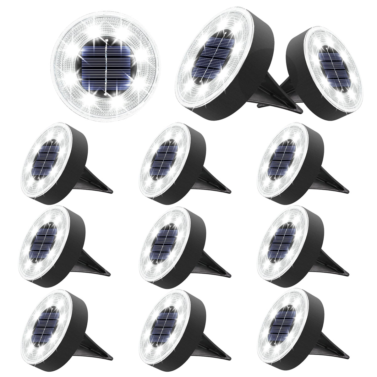 Joomer Solar Ground Lights 8-LED disc on ground provide bright garden illumination with IP68 protection.