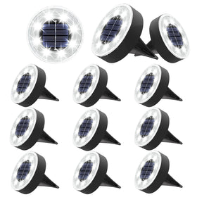 Joomer Solar Ground Lights 8-LED disc on ground provide bright garden illumination with IP68 protection.