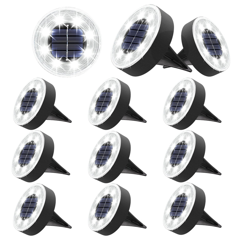 Joomer Solar Ground Lights 8-LED disc on ground provide bright garden illumination with IP68 protection.