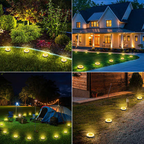 Joomer solar lights brighten patios, lawns, and paths along a garden border