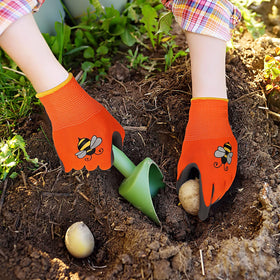 Joottuan kids gardening gloves blue pair with non-slip palm for better grip.