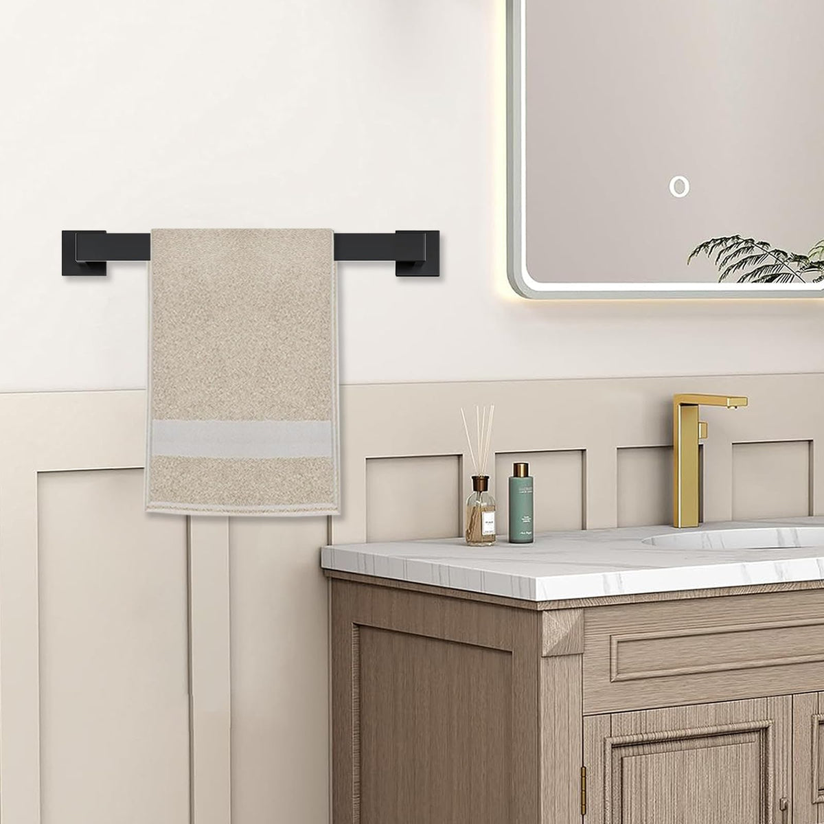 JOPOFI 15.7-inch towel bar in matte black enhances wall storage
