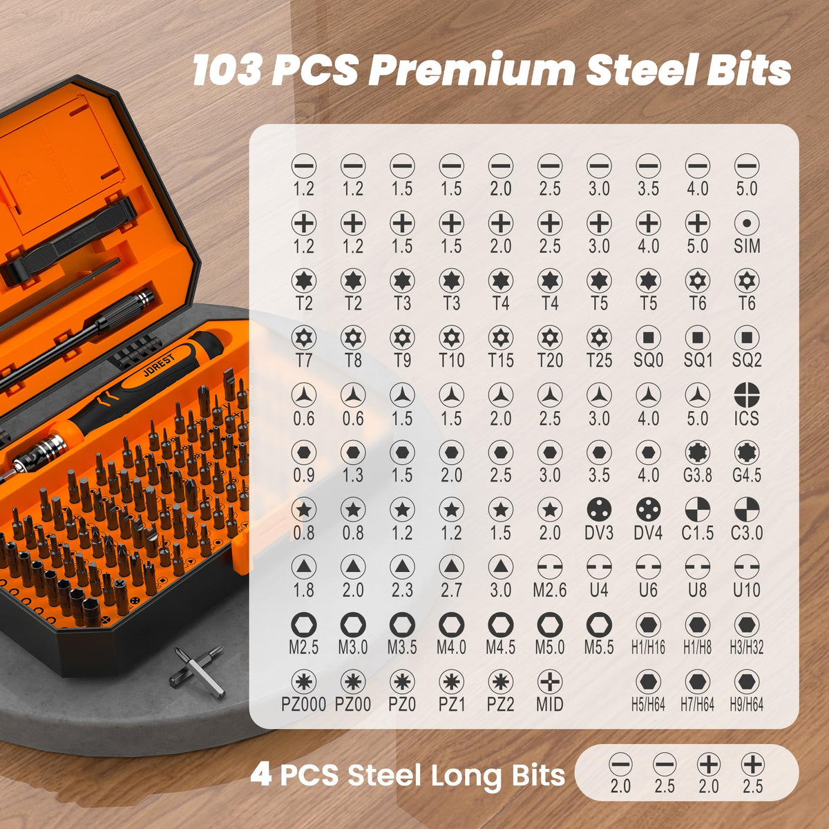 JOREST double-sided case with labeled grids keeps bits organized.