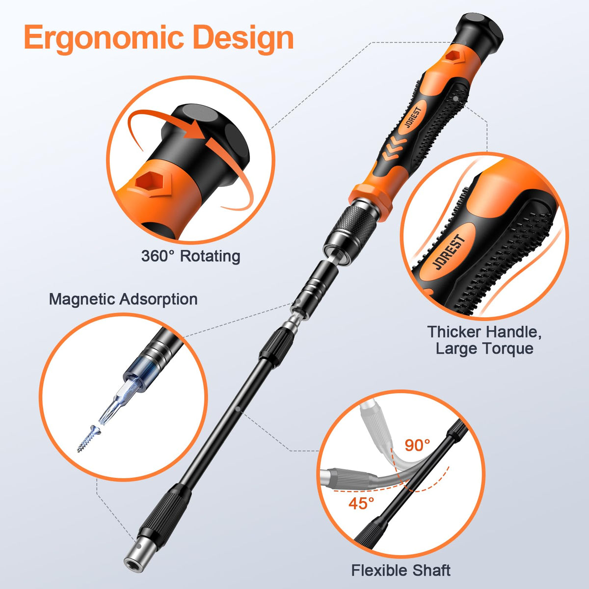 JOREST rotating-handle design offers comfortable grip and extended reach during disassembly.
