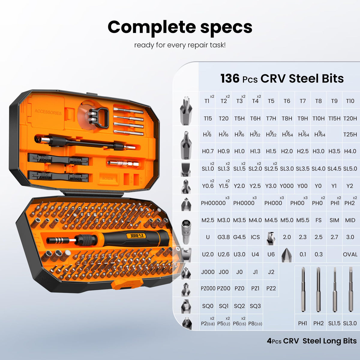 CRV steel bits resist wear for long-lasting performance.