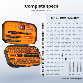 CRV steel bits resist wear for long-lasting performance.