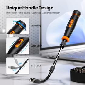Extended tool bar design helps reach deep screws in tight spaces.