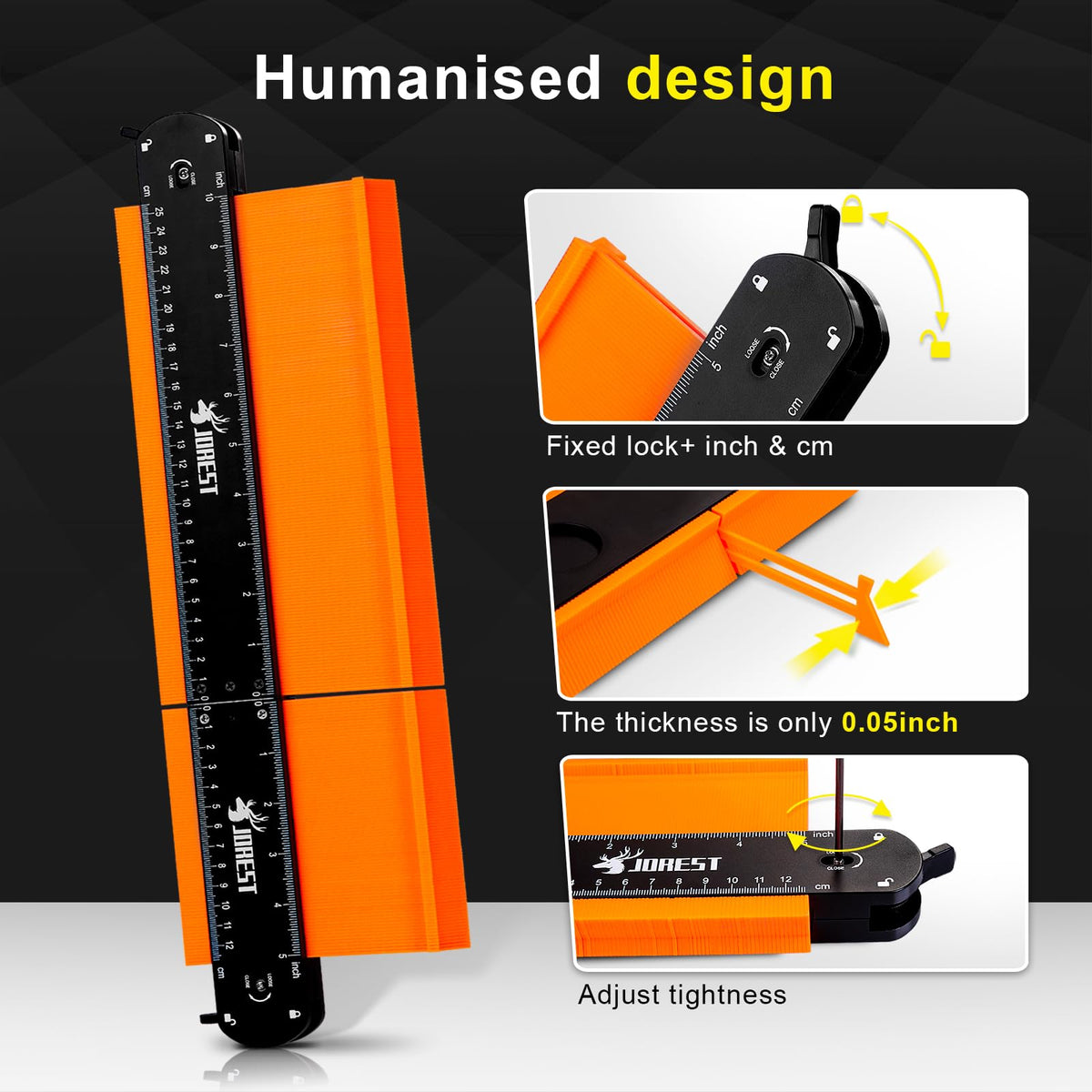 JOREST contour gauge shows protractor spacing after splicing for accurate tracing.
