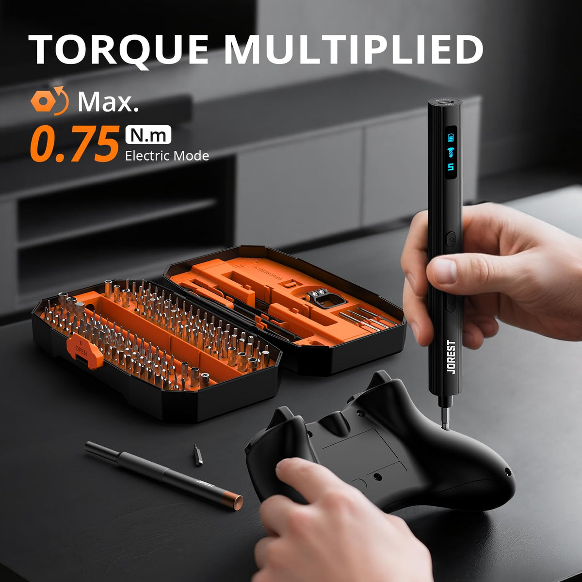 JOREST ergonomic aluminum handle for comfortable, long-use screwdriving.