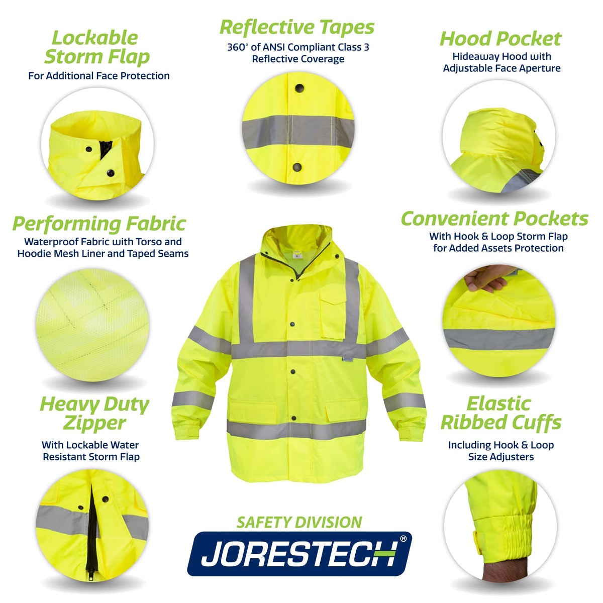 JORESTECH hi-visibility rain jacket adjustable cuffs for secure fit