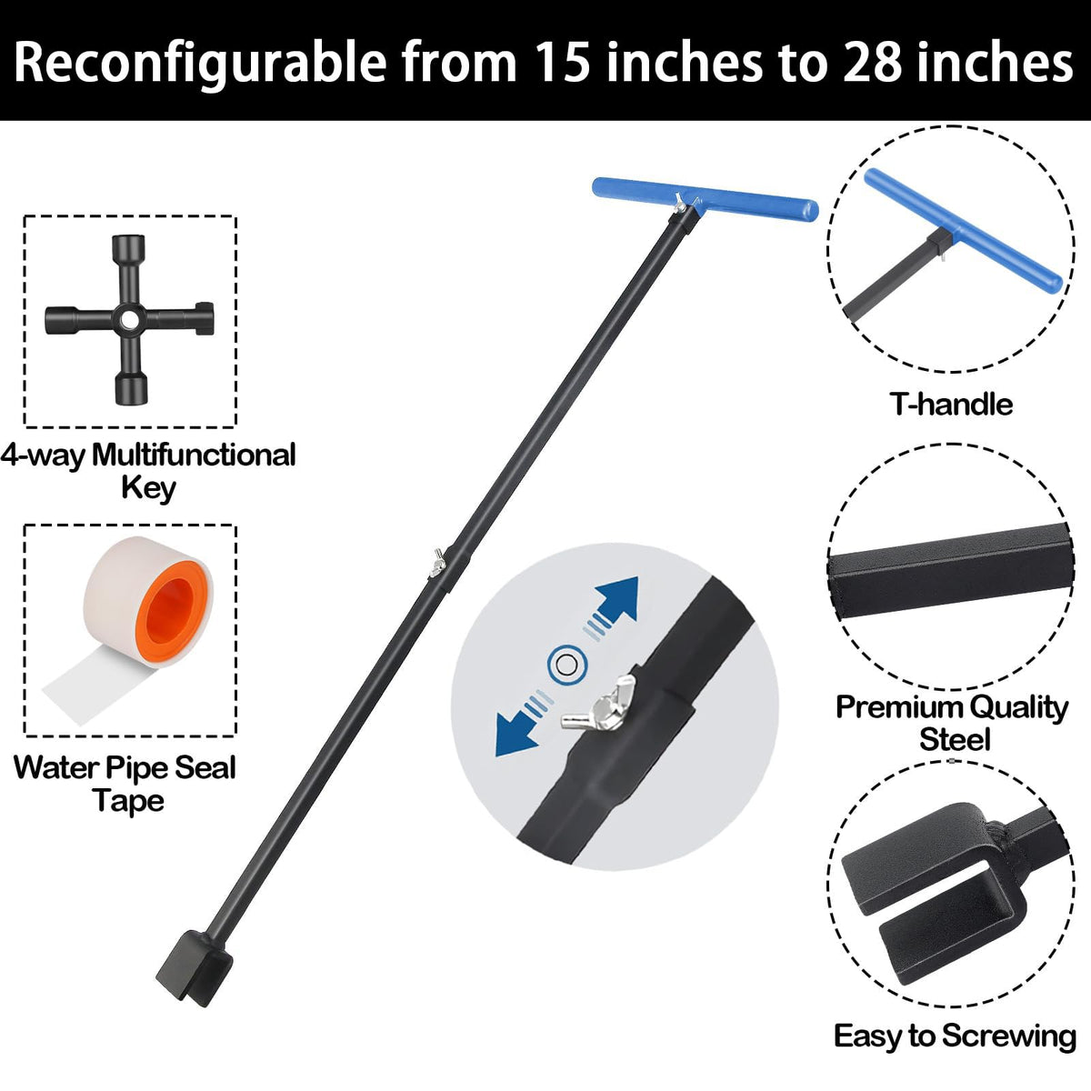 JORETLE water meter key featuring a T handle grip for easy turning