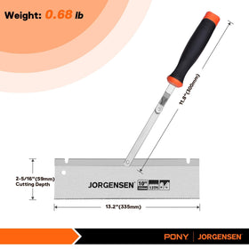 Jorgensen 10-Inch saw with 13TPI teeth for cleaner flush cuts.