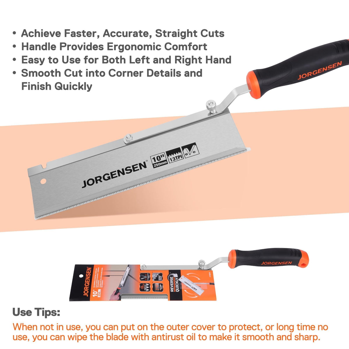 Jorgensen 10-Inch saw with reinforced carbon back resists bending for straight cuts.