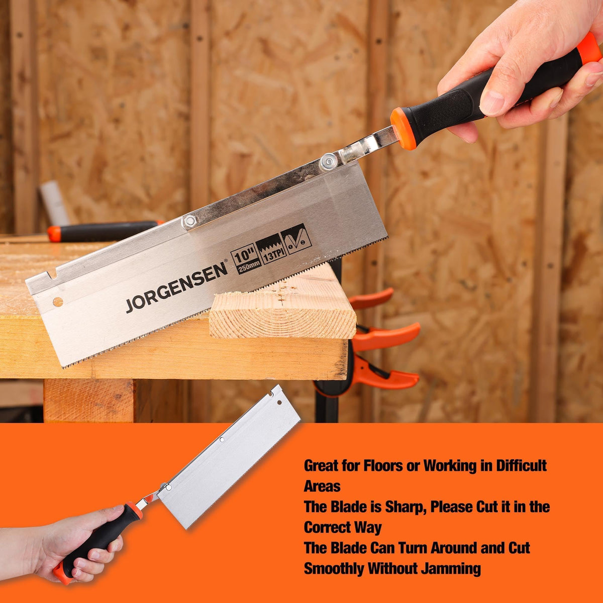 Jorgensen 10-Inch saw easy left-right use for ambidextrous projects.