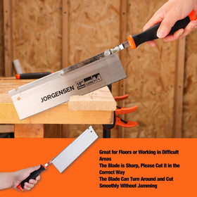 Jorgensen 10-Inch saw easy left-right use for ambidextrous projects.