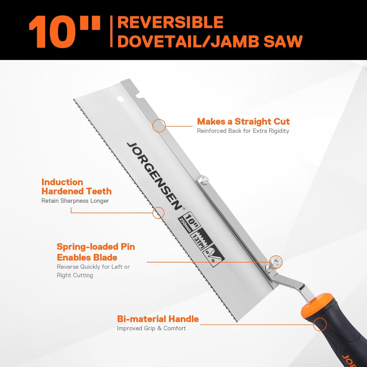 Jorgensen 10-Inch dovetail jamb saw showing reversible cutting capability.