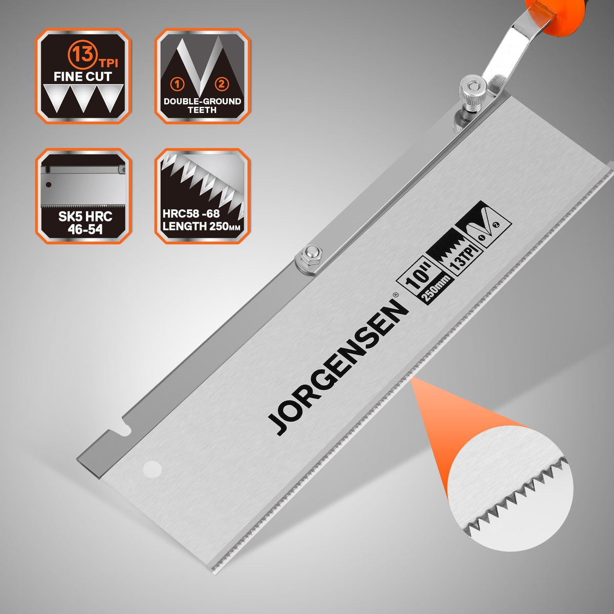 Jorgensen 10-Inch dovetail jamb saw uses SK5 blade for durable performance.
