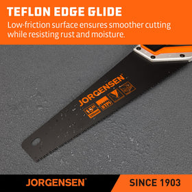 Jorgensen 15in hand saw edge-protector adds safe transport and storage.