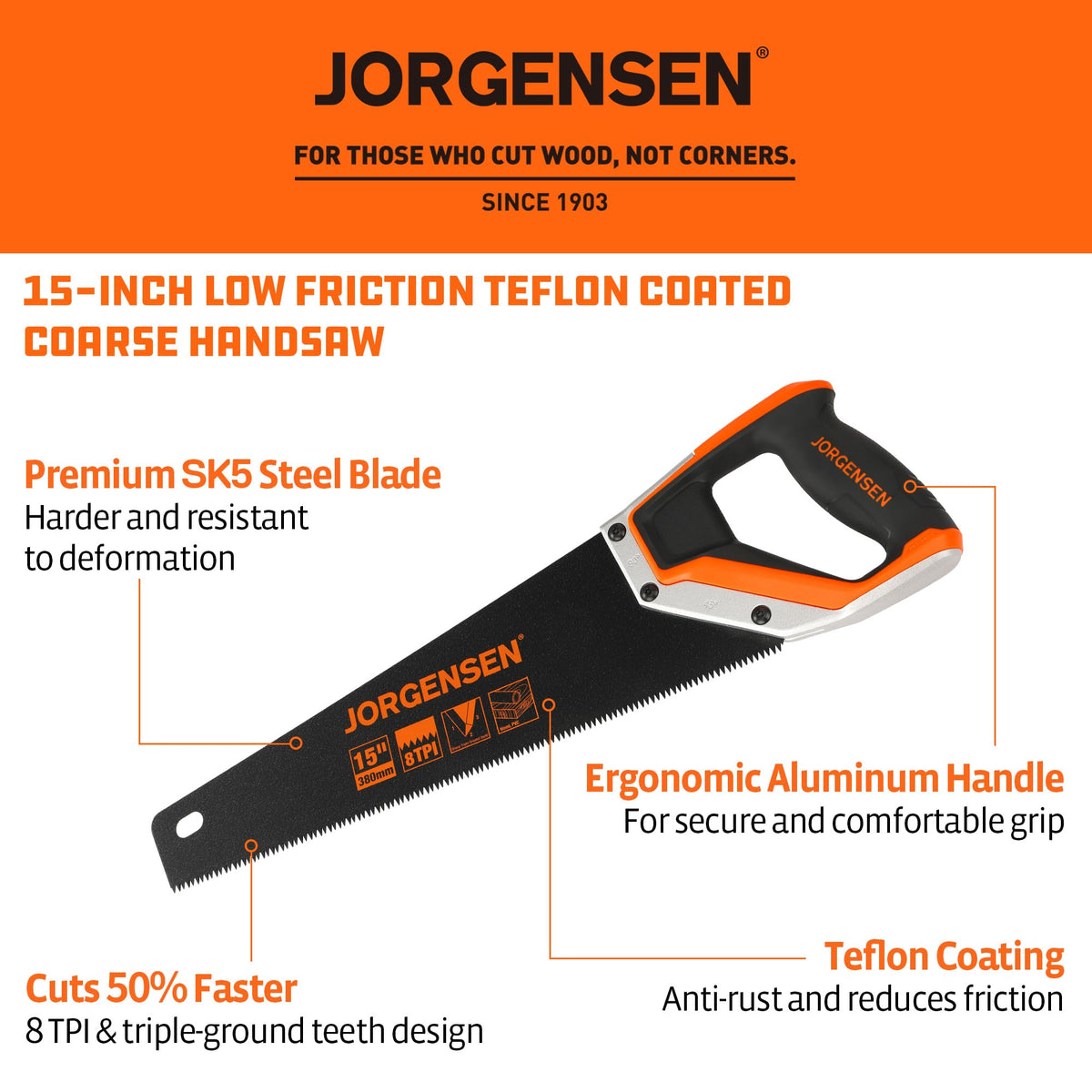 Jorgensen 15in hand saw ergonomic handle enables comfortable control during long projects.