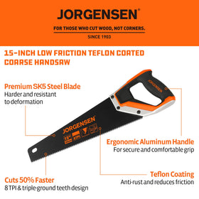 Jorgensen 15in hand saw ergonomic handle enables comfortable control during long projects.