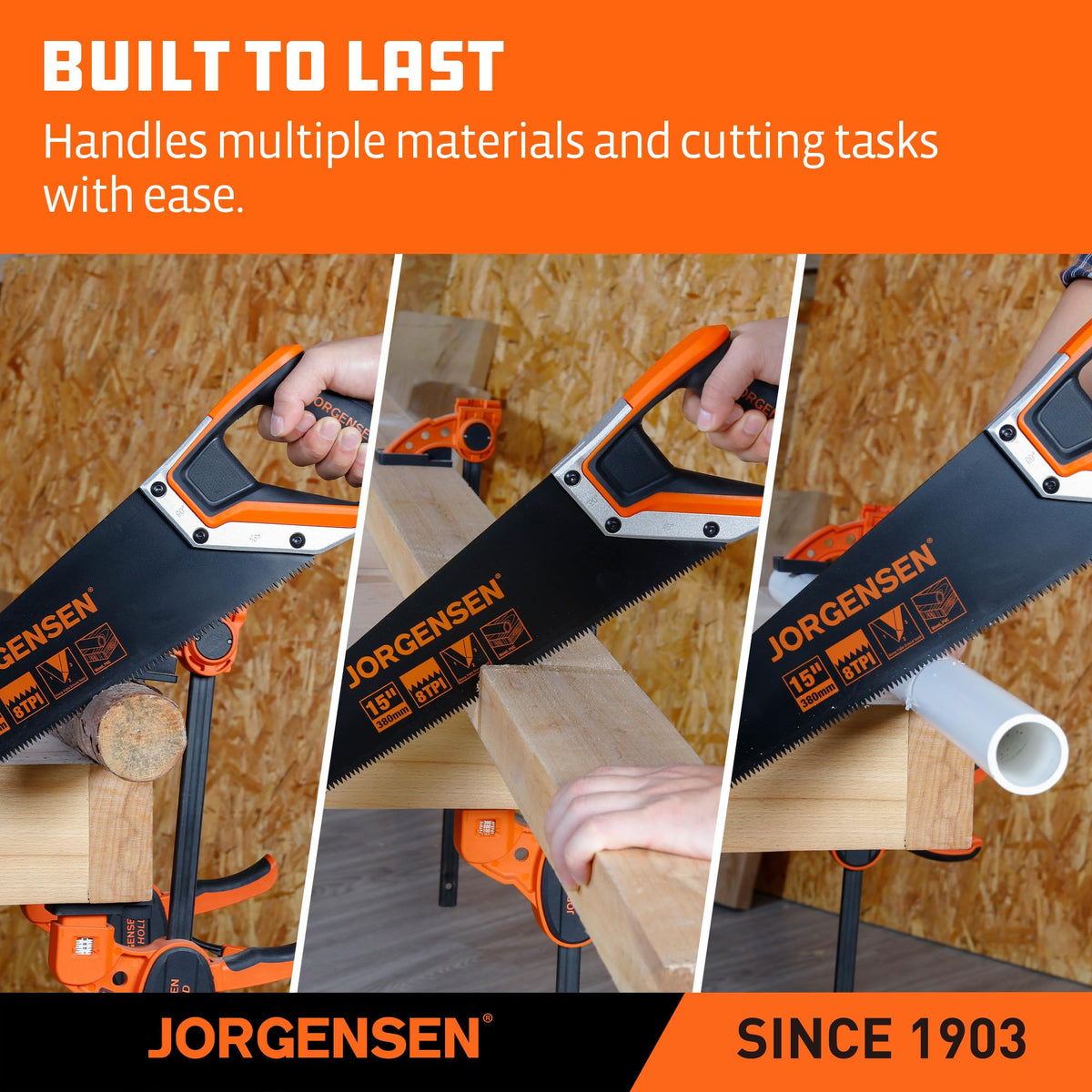 Jorgensen 15in hand saw PVC cutting capability for lightweight jobs.