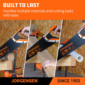 Jorgensen 15in hand saw PVC cutting capability for lightweight jobs.