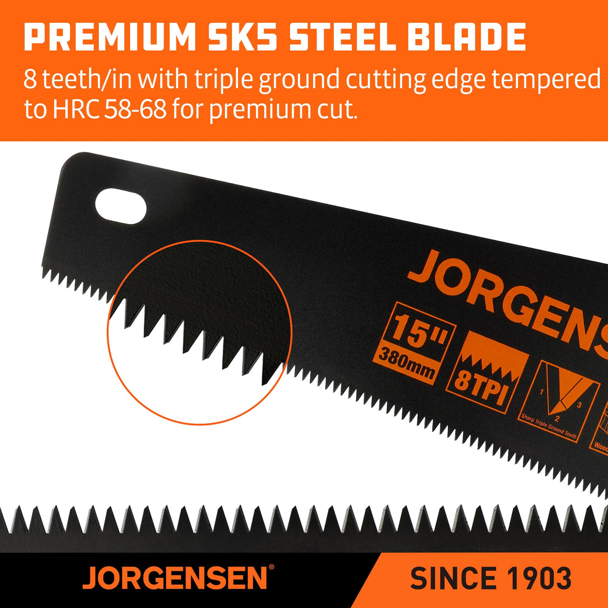 Jorgensen 15in hand saw with Teflon coating reduces friction for smoother cuts.