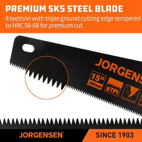 Jorgensen 15in hand saw with Teflon coating reduces friction for smoother cuts.