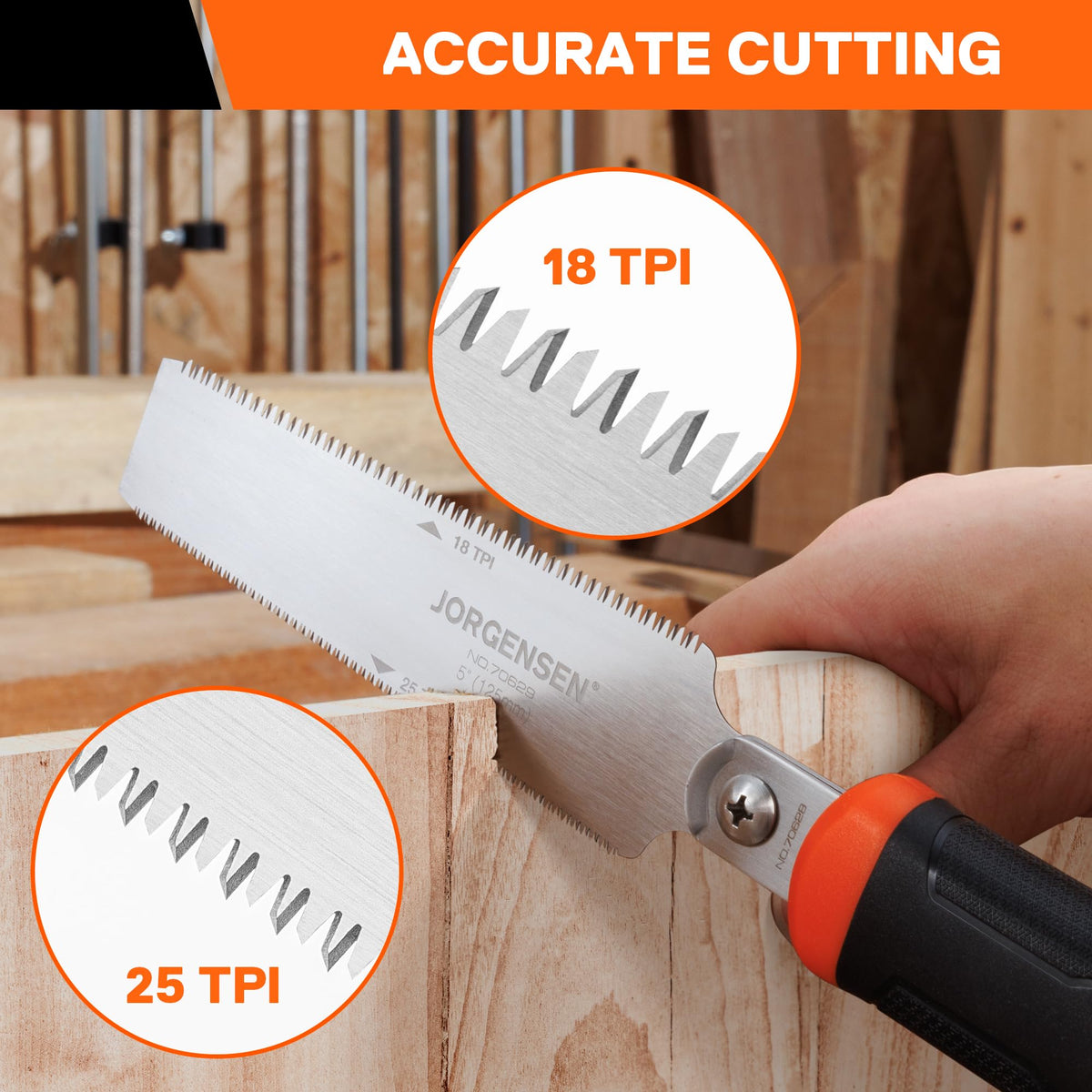 Jorgensen 18 TPI hardwood side for precise oak and maple cuts.