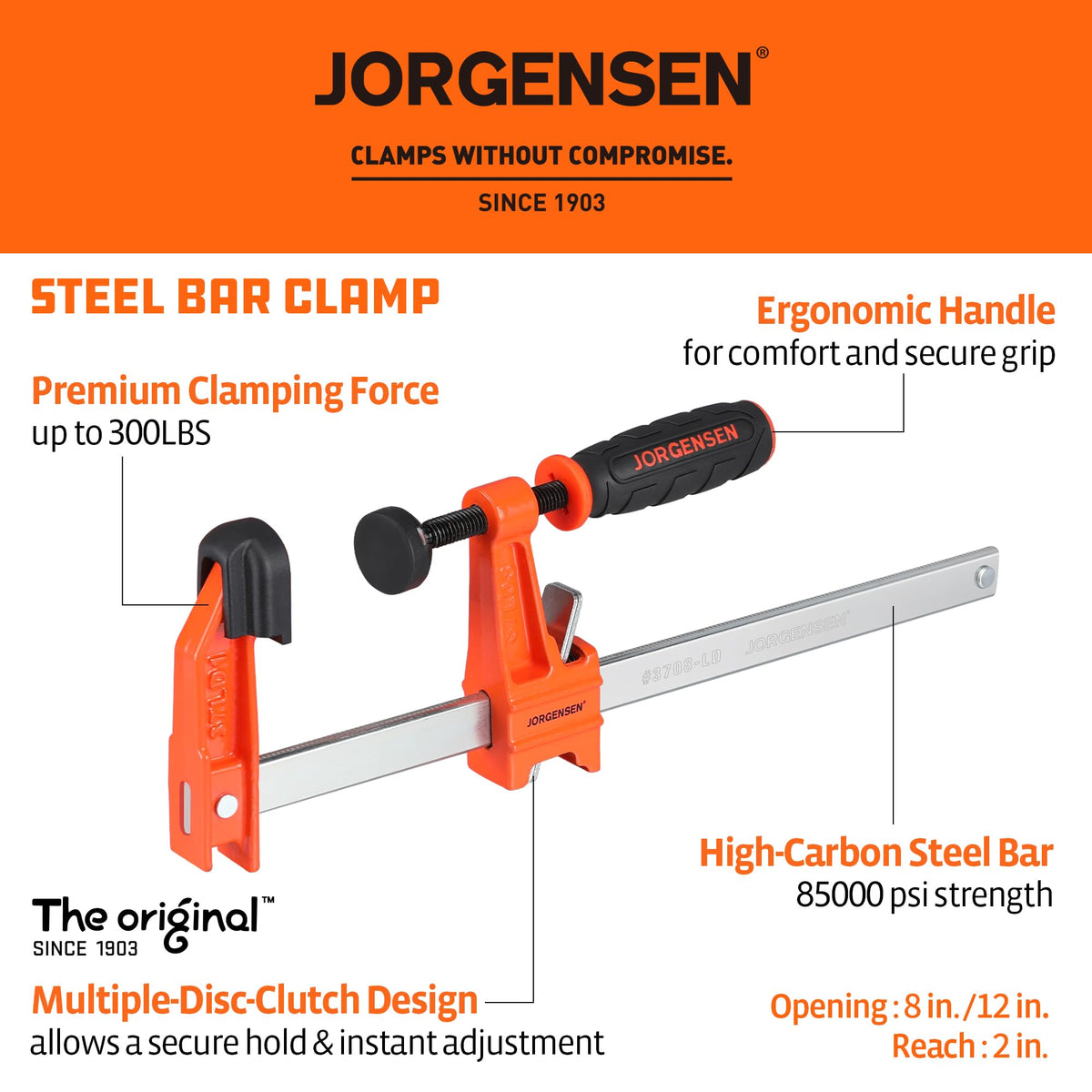 Jorgensen 12-inch bar clamp extends reach for larger assemblies