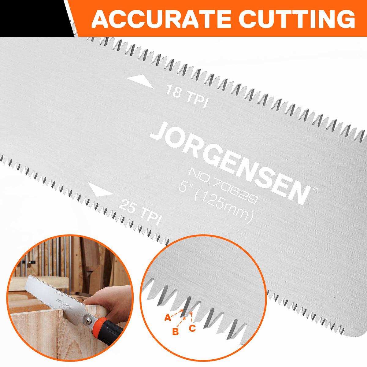 Jorgensen 25 TPI softwood side for fast cuts in pine and spruce.