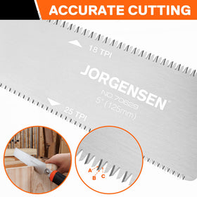 Jorgensen 25 TPI softwood side for fast cuts in pine and spruce.
