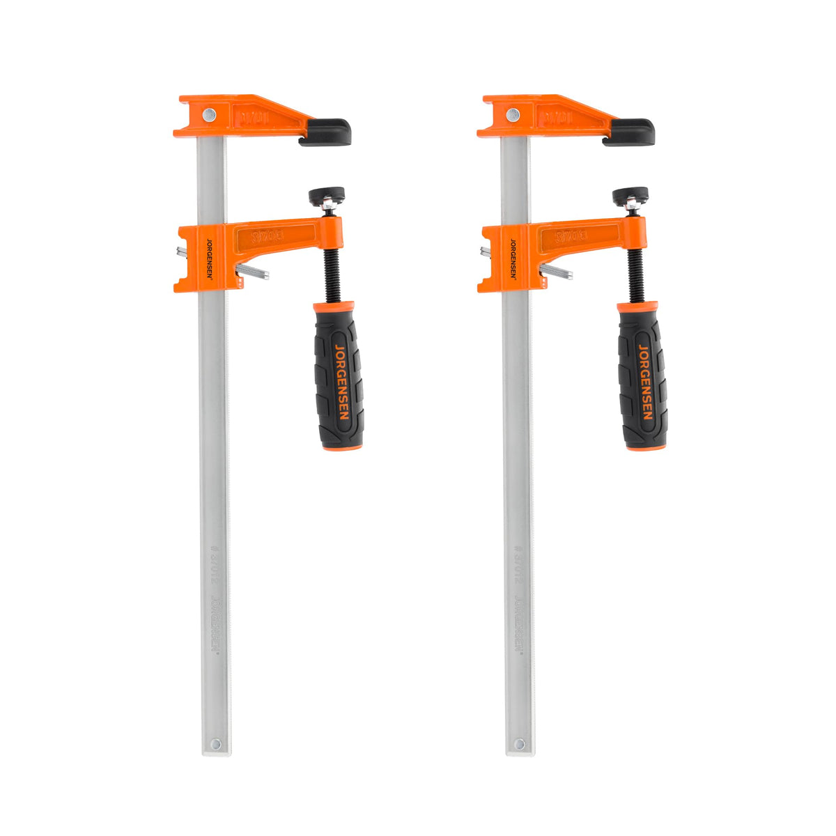 Jorgensen 2-pack 12-inch steel bar clamps with closed jaws secure boards during glue-ups.