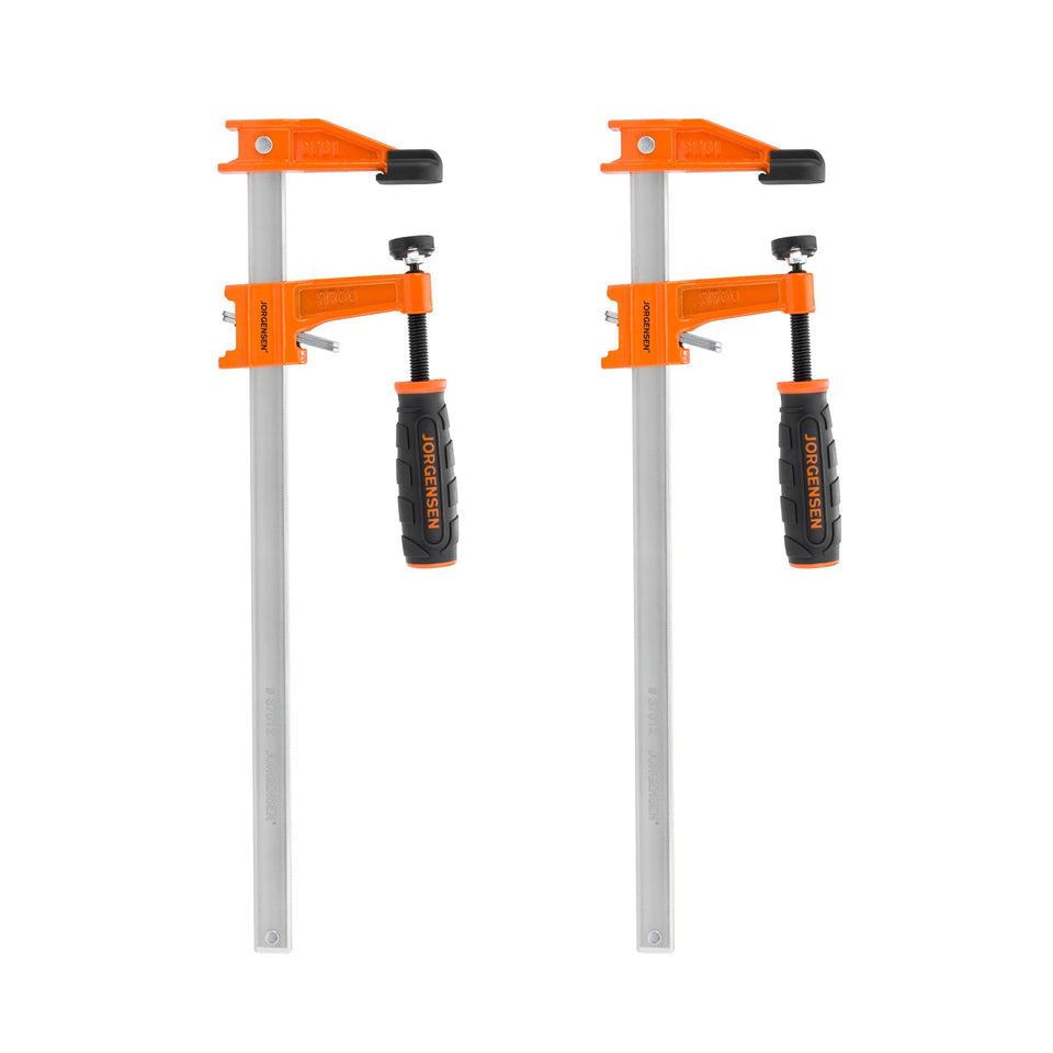 Jorgensen 2-pack 12-inch steel bar clamps with closed jaws secure boards during glue-ups.