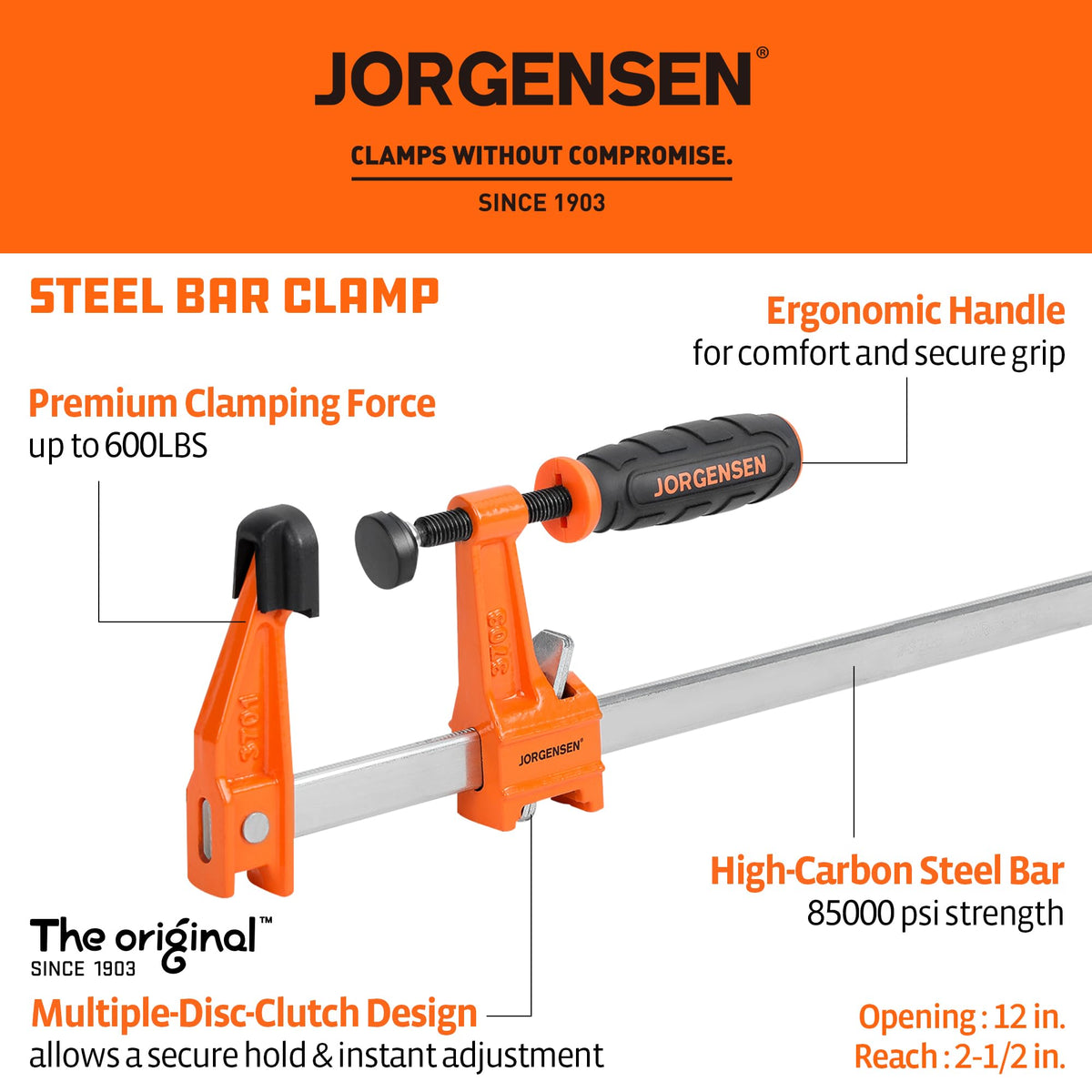 Jorgensen 2-pack 12-inch steel bar clamps open jaws for quick adjustment and placement.