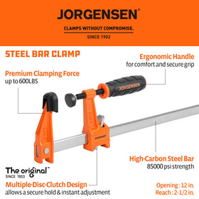 Jorgensen 2-pack 12-inch steel bar clamps open jaws for quick adjustment and placement.