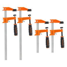 Jorgensen 4-pack steel bar clamps with 6–12 inch reach for secure woodworking assembly.