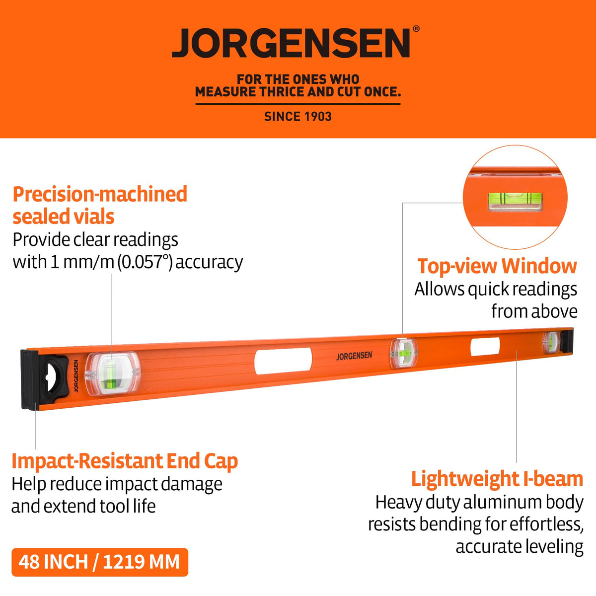 Jorgensen 48-inch level features an aluminum I-beam frame for light, sturdy use.