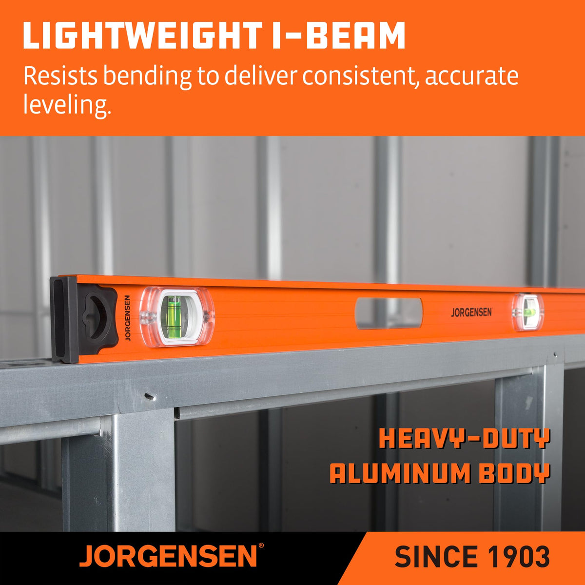 Jorgensen level with shockproof rubber end caps protects during heavy-duty tasks.